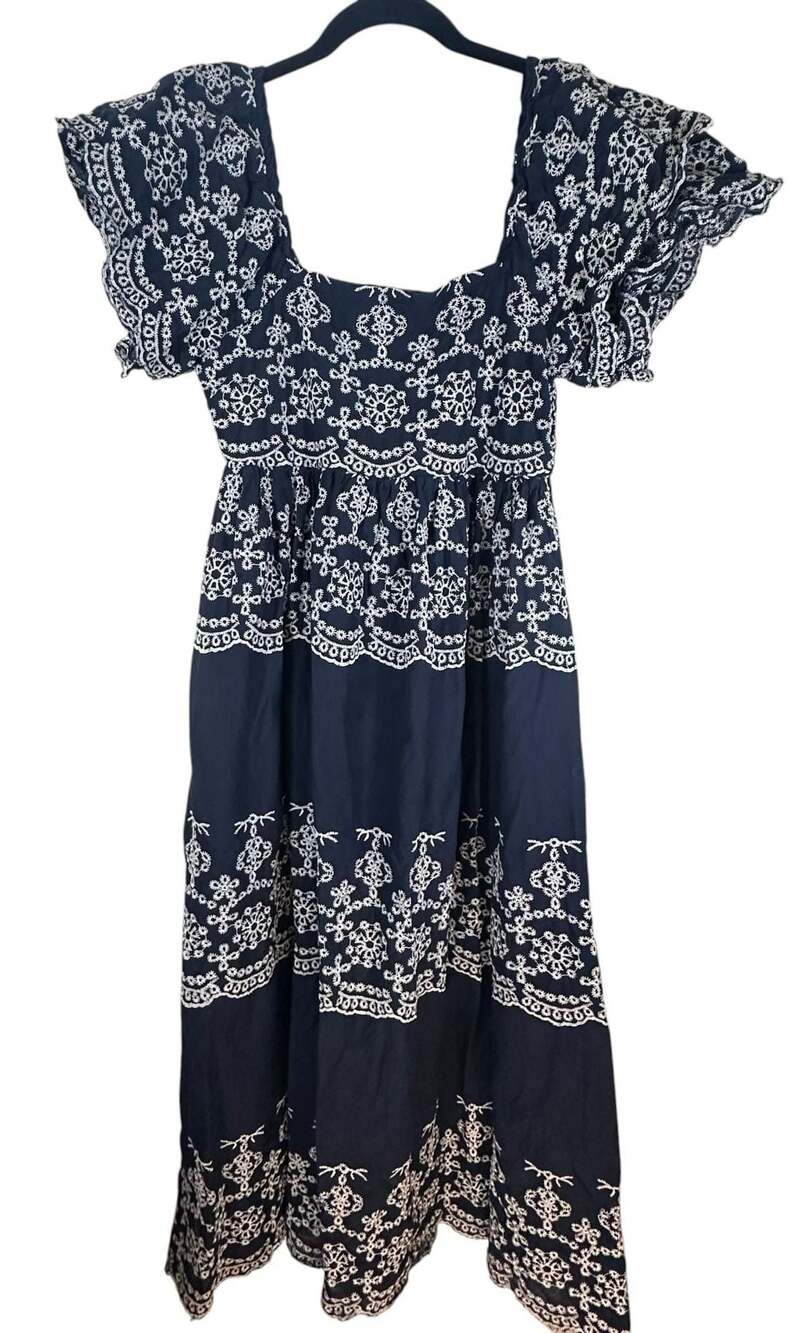 Kings Road Women's Embroidered Square Neck Ruffle Sleeve Tiered Cotton Midi Dres